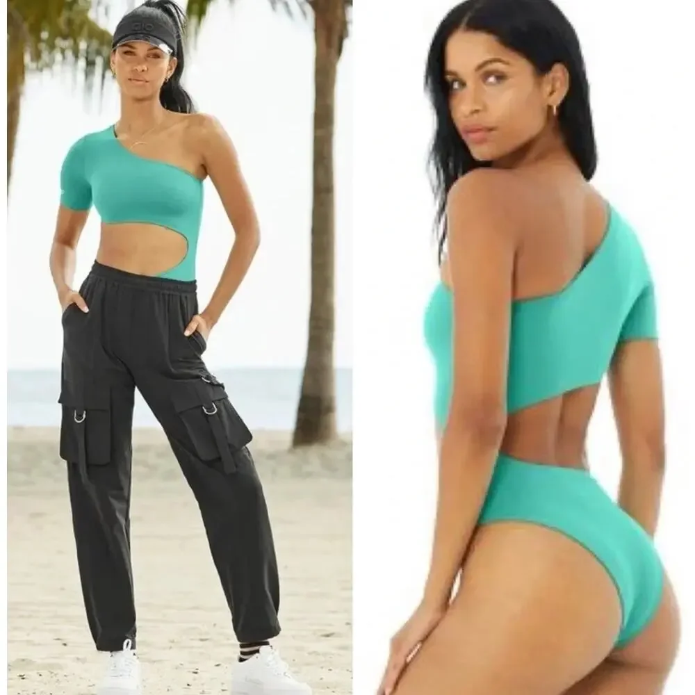 NWT Alo Yoga Body Wave One Piece Ocean Teal Cut Out Swim Beach Summer Size XS